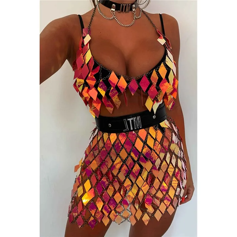 2 Piece Set Shiny Sequins Geometric Matching Sets Low Cut Halter Backless Tops Patchwork Mini Skirt Rave