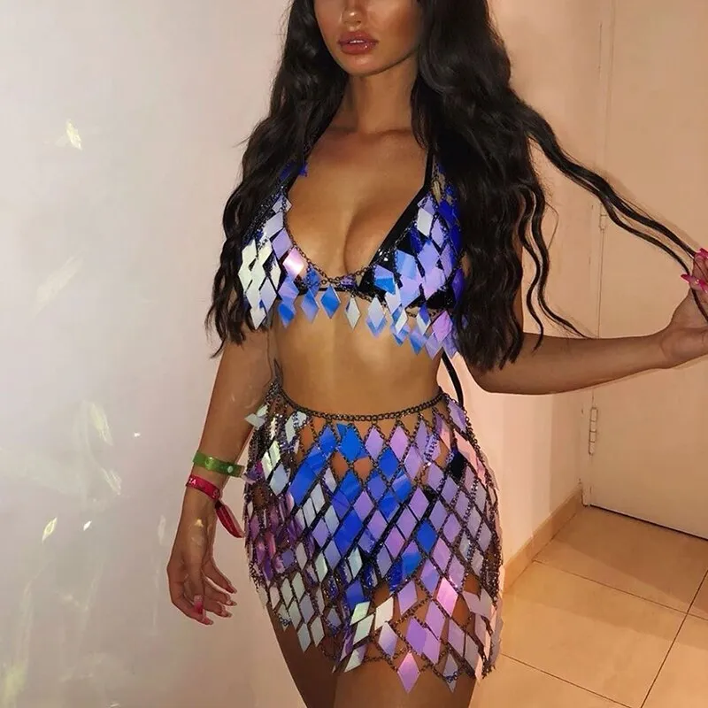 2 Piece Set Shiny Sequins Geometric Matching Sets Low Cut Halter Backless Tops Patchwork Mini Skirt Rave