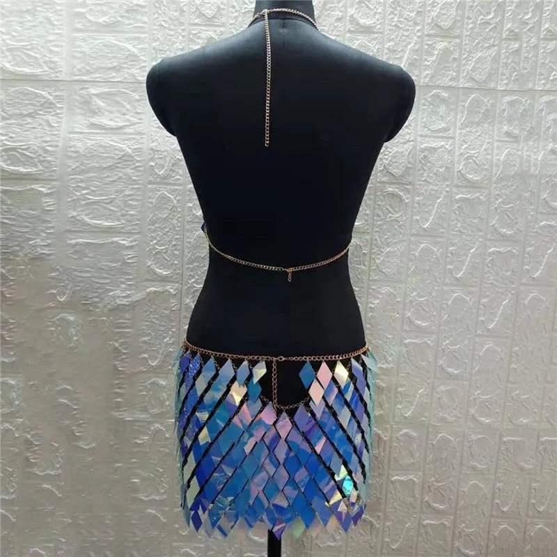 2 Piece Set Shiny Sequins Geometric Matching Sets Low Cut Halter Backless Tops Patchwork Mini Skirt Rave