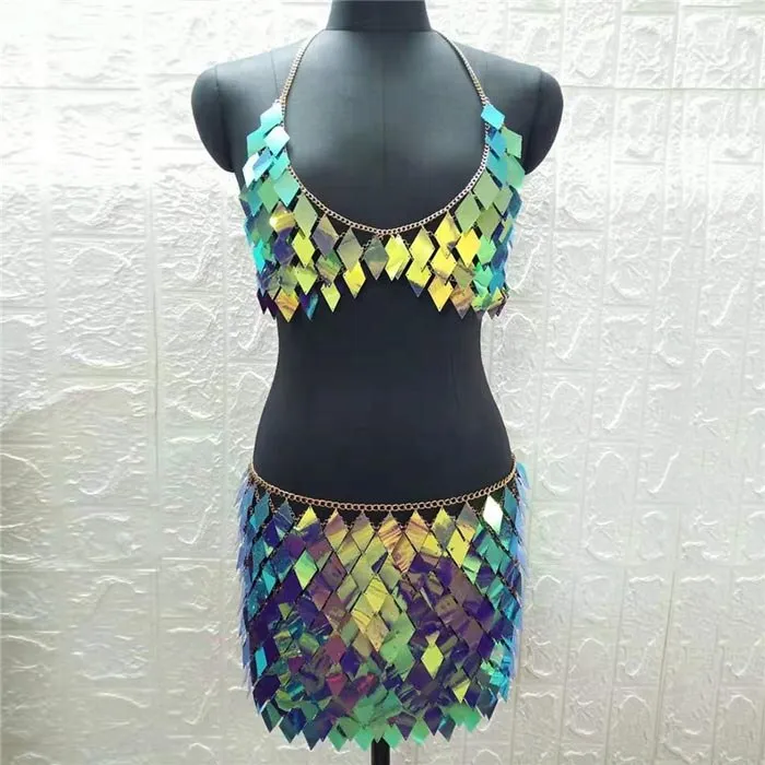 2 Piece Set Shiny Sequins Geometric Matching Sets Low Cut Halter Backless Tops Patchwork Mini Skirt Rave