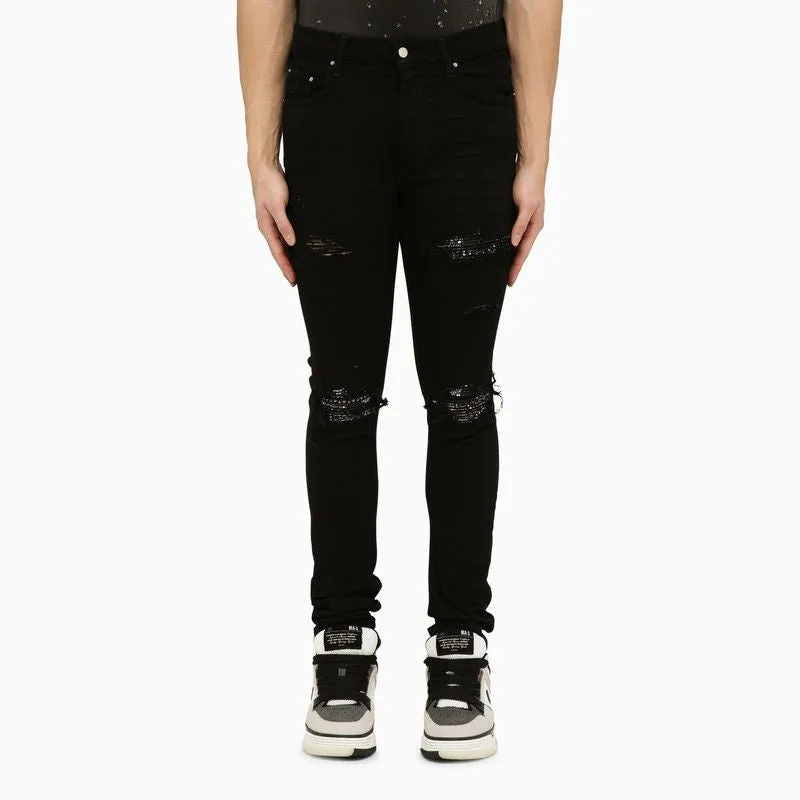 AMIRI Men's Black Skinny Jeans with Camouflage Patches for SS24