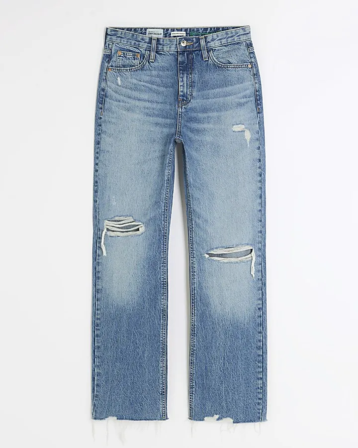 Blue high waisted straight ripped jeans