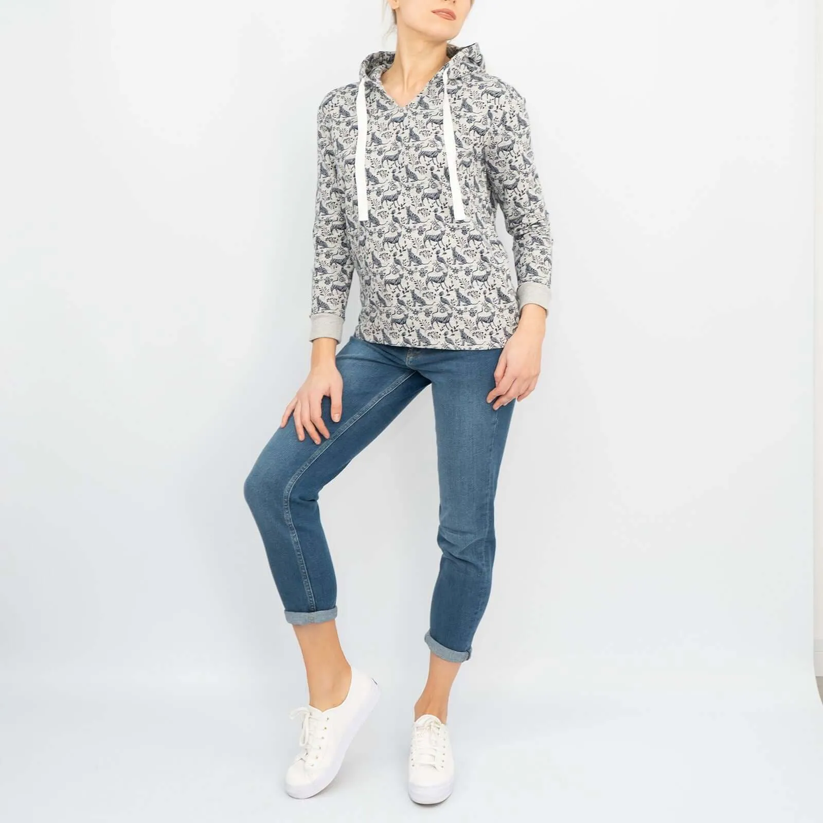 Boden Grey Jersey Animal Print Hoodie Long Sleeve Tops