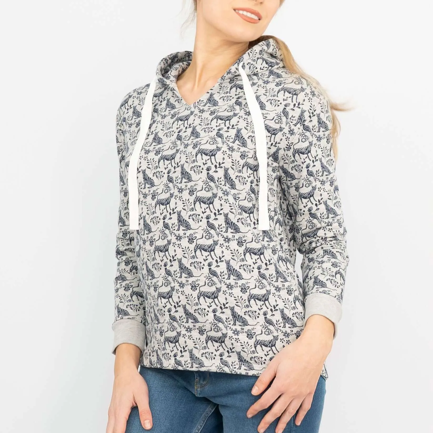 Boden Grey Jersey Animal Print Hoodie Long Sleeve Tops