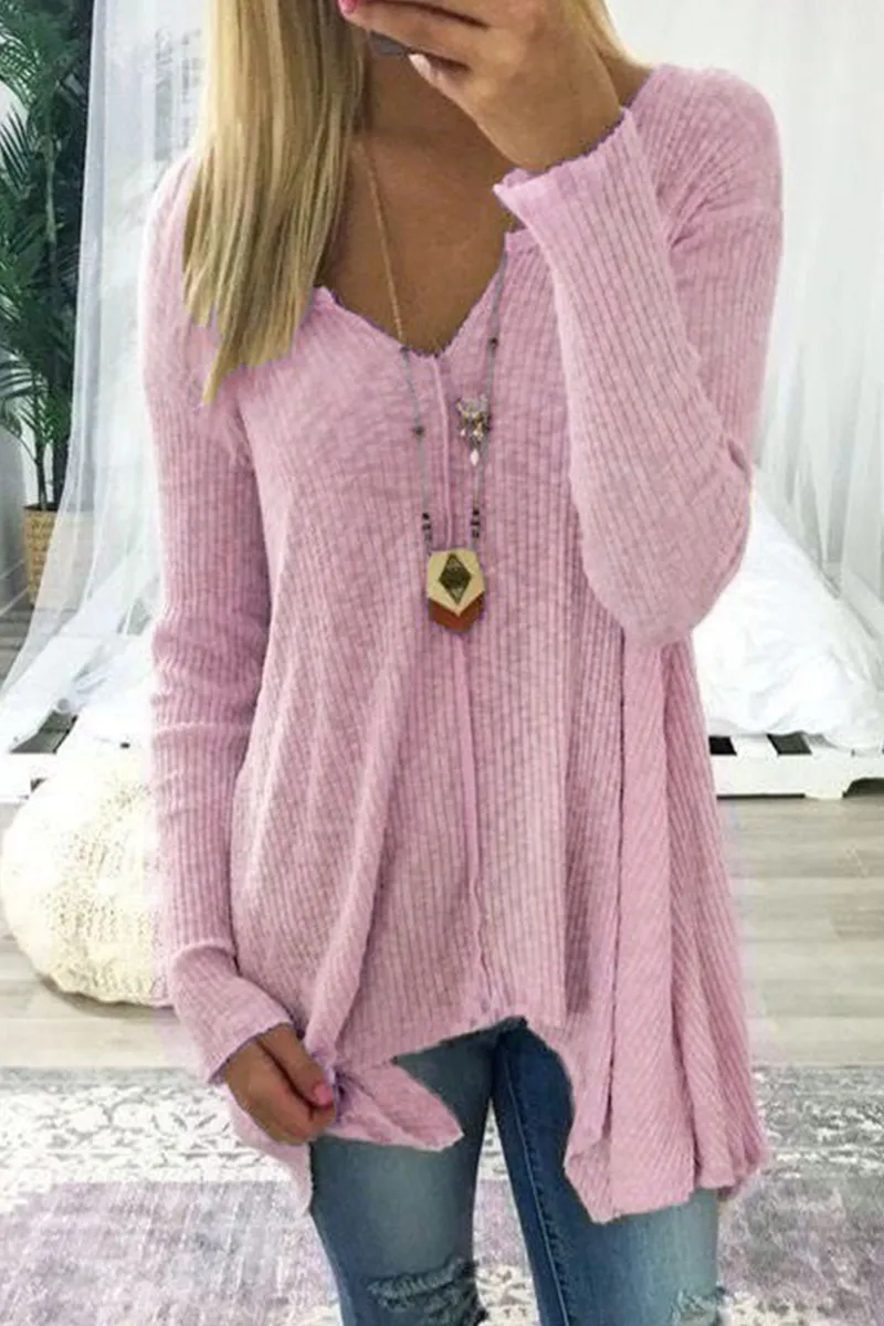 Casual Solid Patchwork V Neck Long Sleeve Tops(5 Colors)