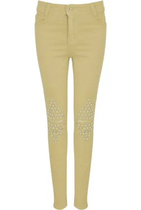 Cream Studded Knees Ripped Jeans