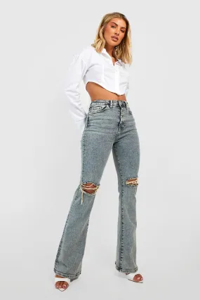 High Waisted Stonewash Flared Ripped Jeans