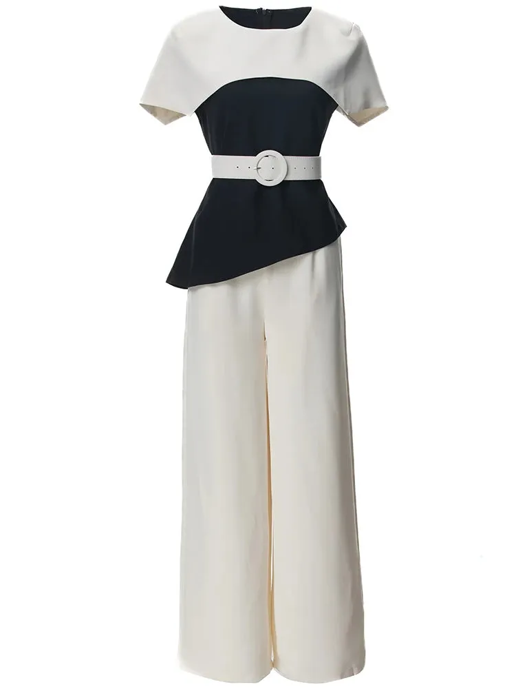 Jessica O-Neck Cloak Sleeves Sashes Tops + Wide leg pants Office Lady 2-Piece Set