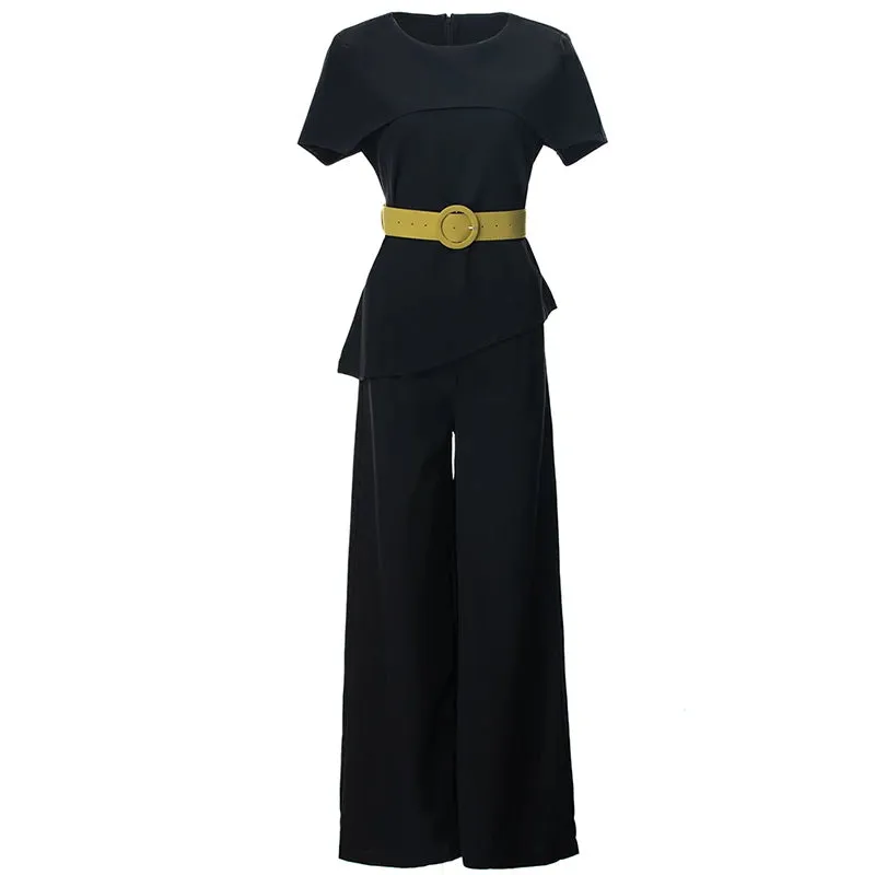 Jessica O-Neck Cloak Sleeves Sashes Tops + Wide leg pants Office Lady 2-Piece Set