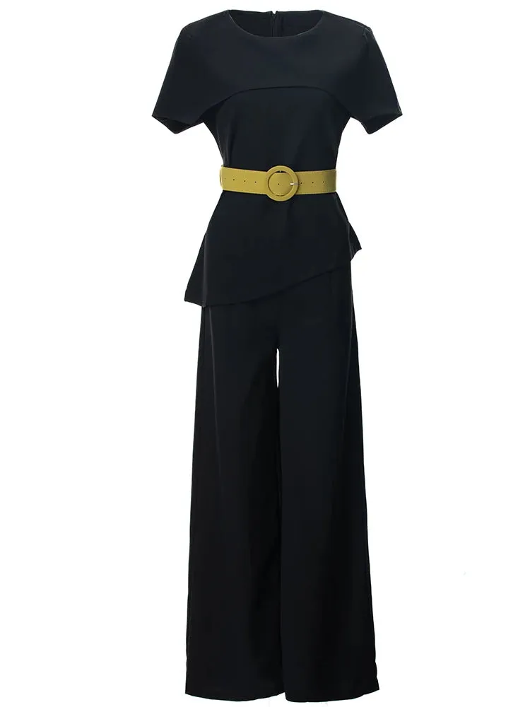 Jessica O-Neck Cloak Sleeves Sashes Tops + Wide leg pants Office Lady 2-Piece Set