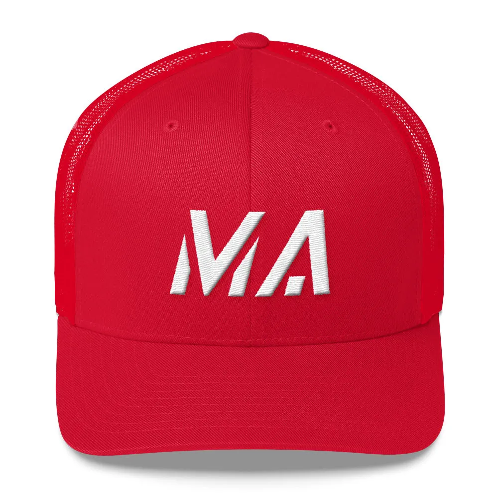 Massachusetts - Mesh Back Trucker Cap - White Embroidery - MA - Many Hat Color Options Available