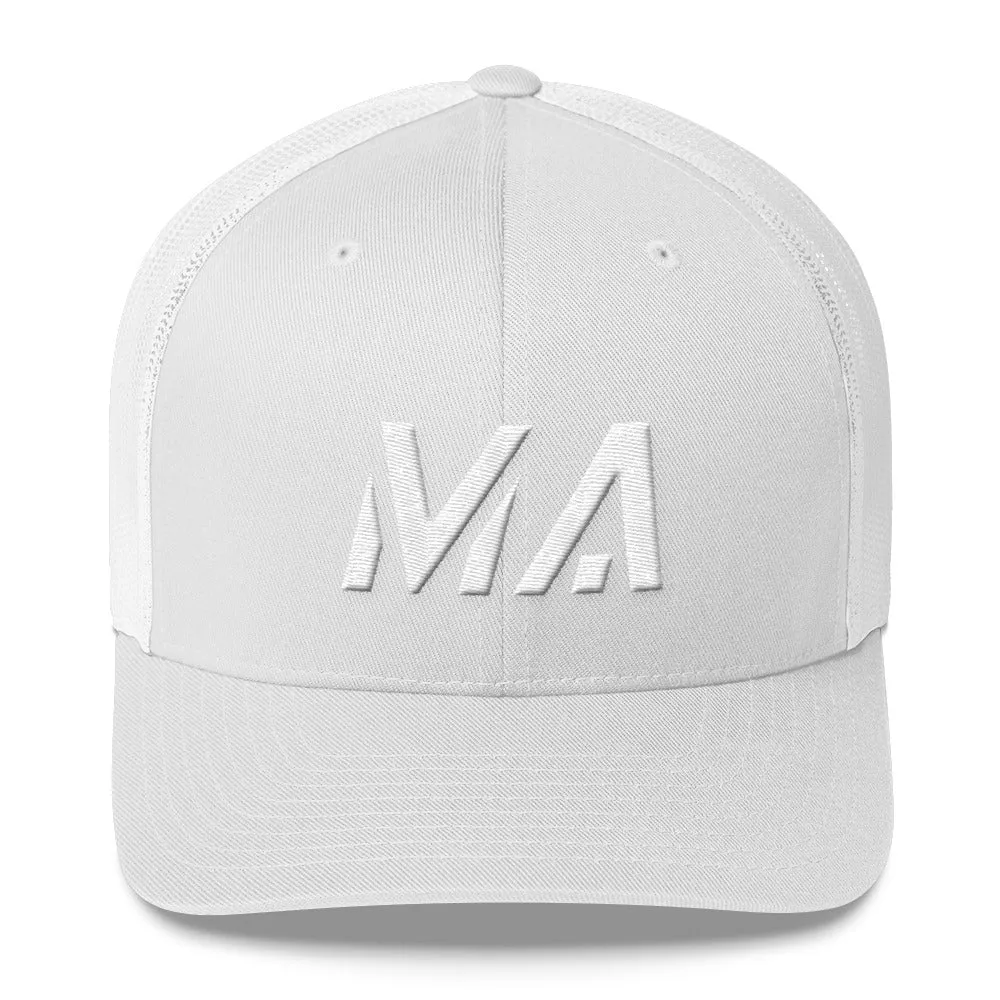 Massachusetts - Mesh Back Trucker Cap - White Embroidery - MA - Many Hat Color Options Available