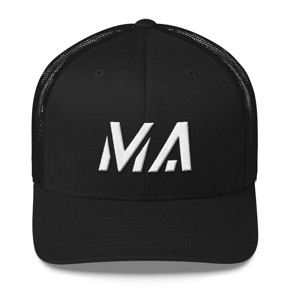 Massachusetts - Mesh Back Trucker Cap - White Embroidery - MA - Many Hat Color Options Available