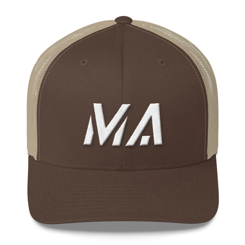 Massachusetts - Mesh Back Trucker Cap - White Embroidery - MA - Many Hat Color Options Available