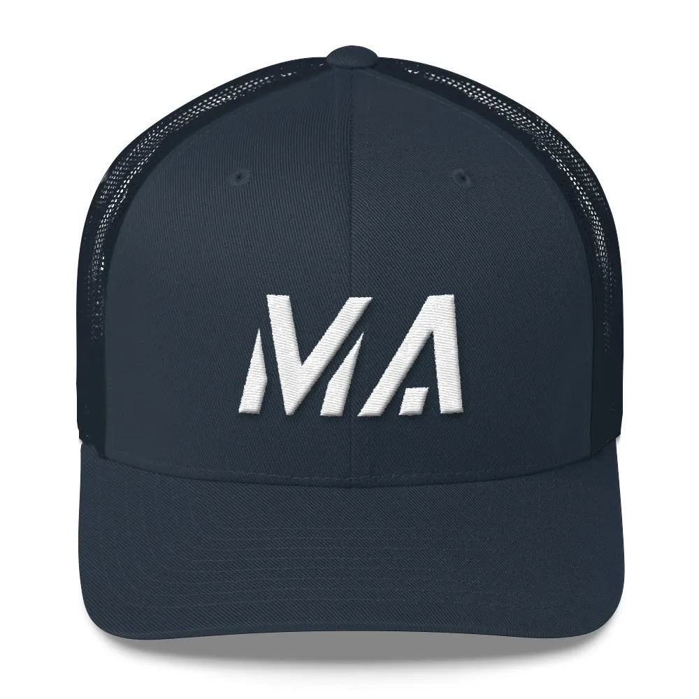 Massachusetts - Mesh Back Trucker Cap - White Embroidery - MA - Many Hat Color Options Available