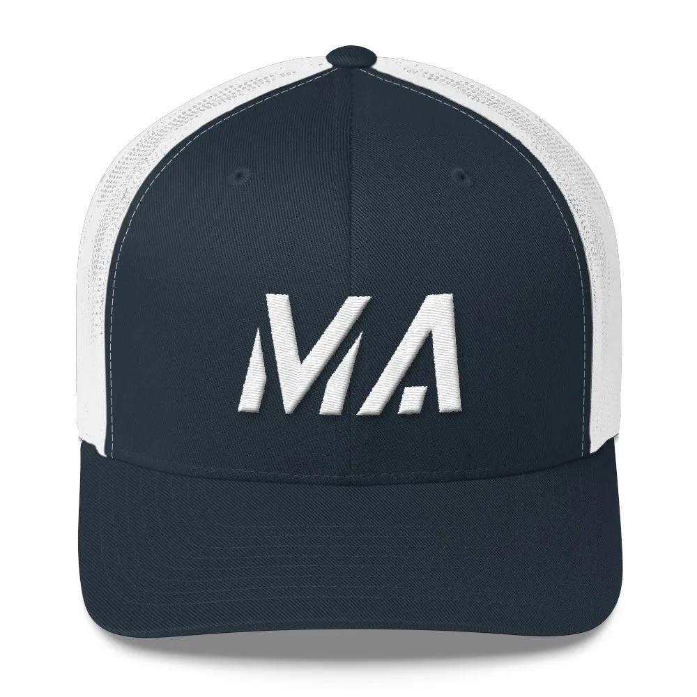 Massachusetts - Mesh Back Trucker Cap - White Embroidery - MA - Many Hat Color Options Available