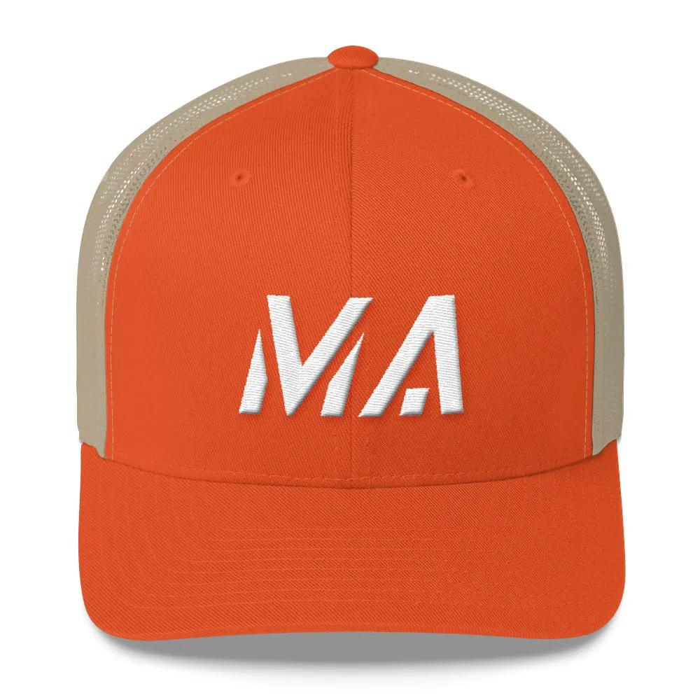 Massachusetts - Mesh Back Trucker Cap - White Embroidery - MA - Many Hat Color Options Available