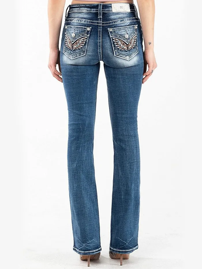 Miss Me M3080B33 Womens Mid-Rise Embroidered Wing Bootcut Jeans Vintage Blue