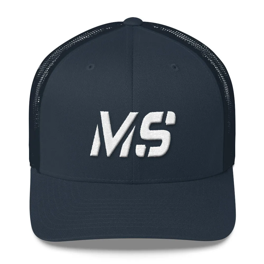 Mississippi - Mesh Back Trucker Cap - White Embroidery - MS - Many Hat Color Options Available