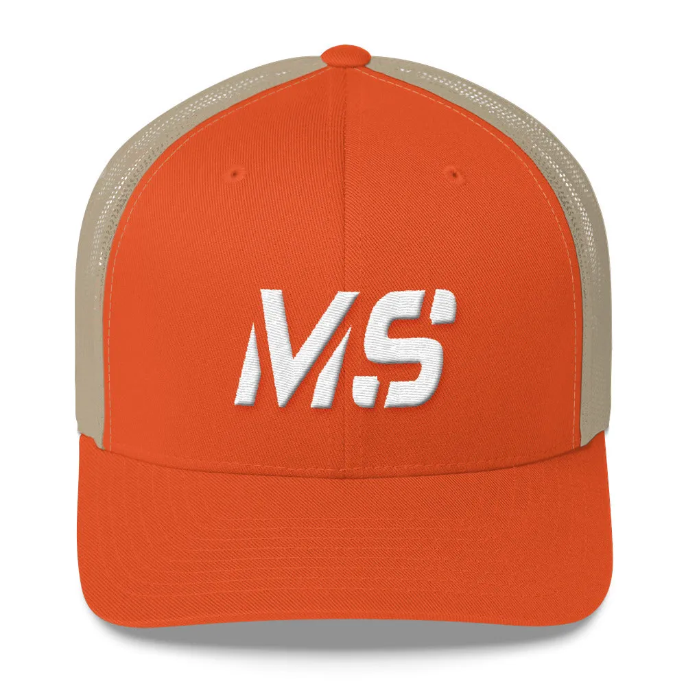 Mississippi - Mesh Back Trucker Cap - White Embroidery - MS - Many Hat Color Options Available