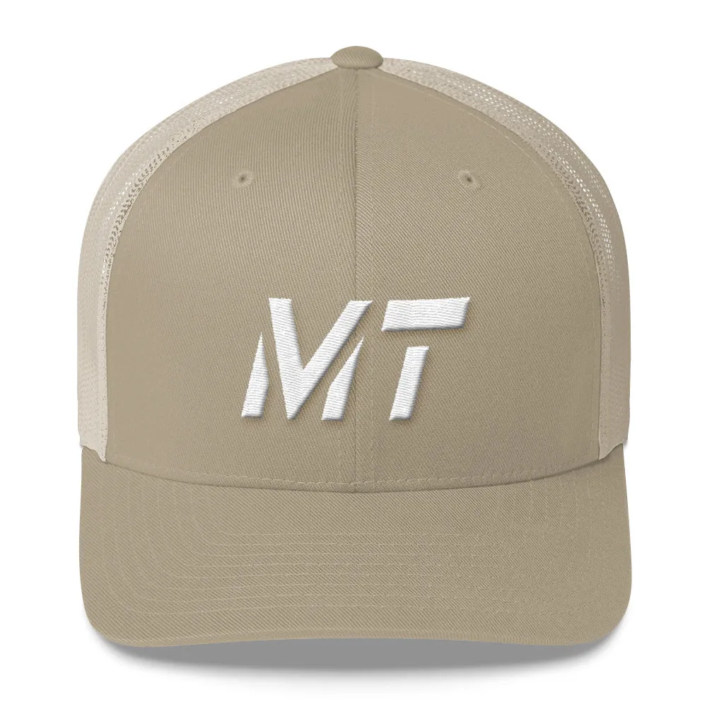 Montana - Mesh Back Trucker Cap - White Embroidery - MT - Many Hat Color Options Available