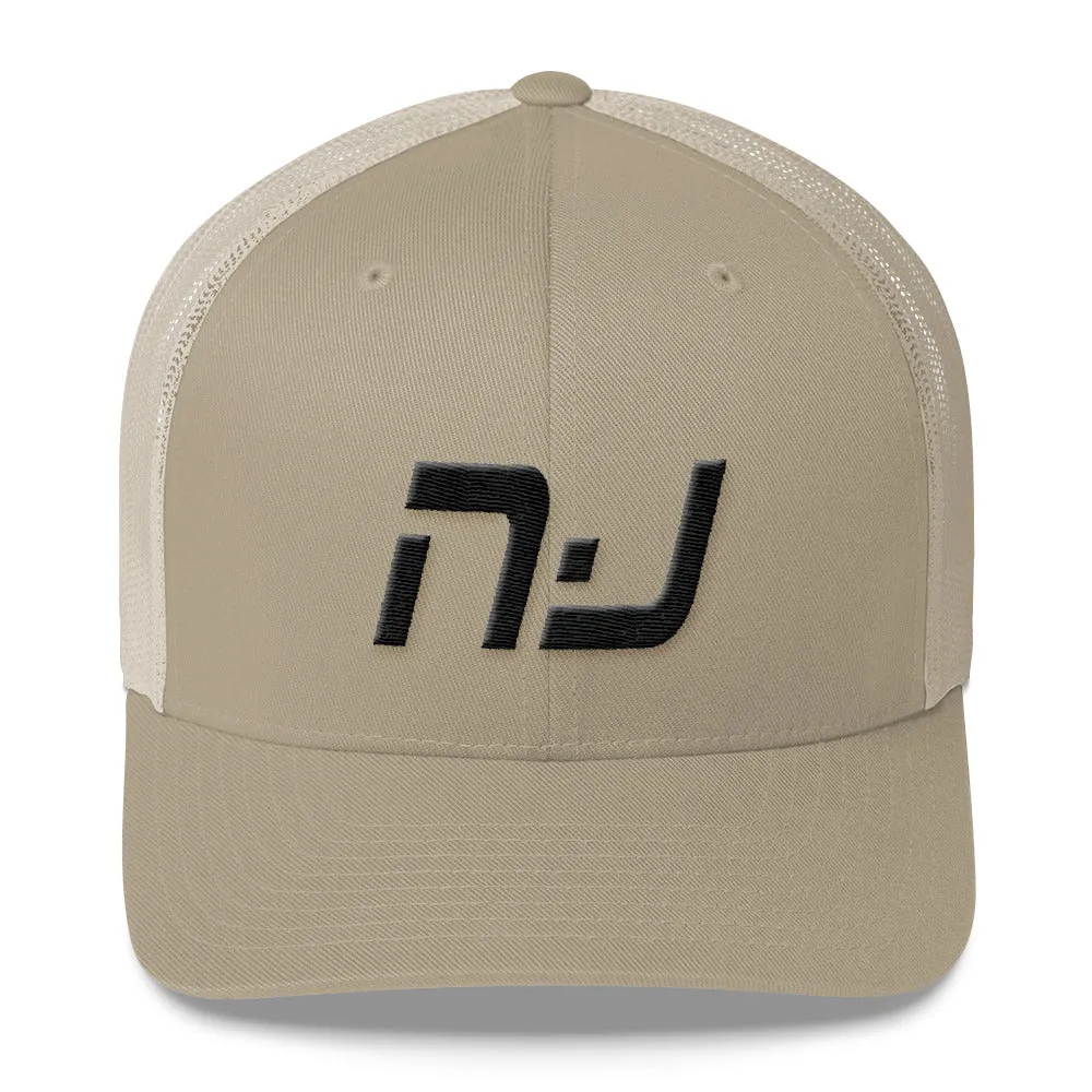 New Jersey - Mesh Back Trucker Cap - Black Embroidery - NJ - Many Hat Color Options Available