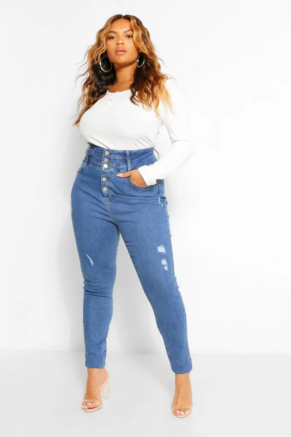 Plus Button High Waist Shaper Skinny Jeans