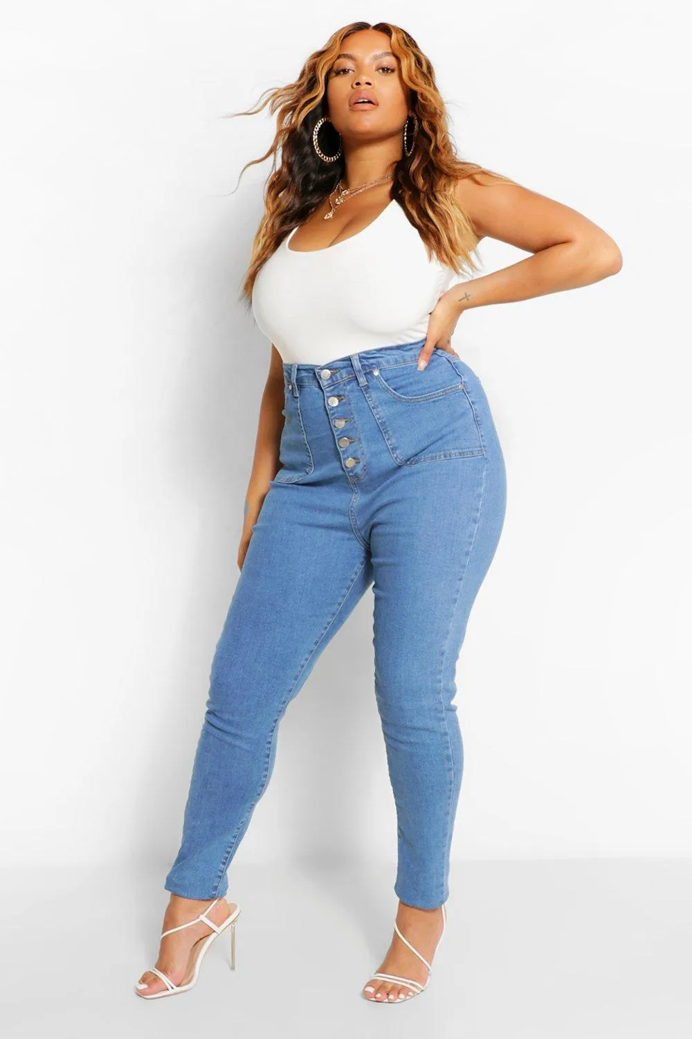 Plus High Waist Button Distressed Skinny Jeans