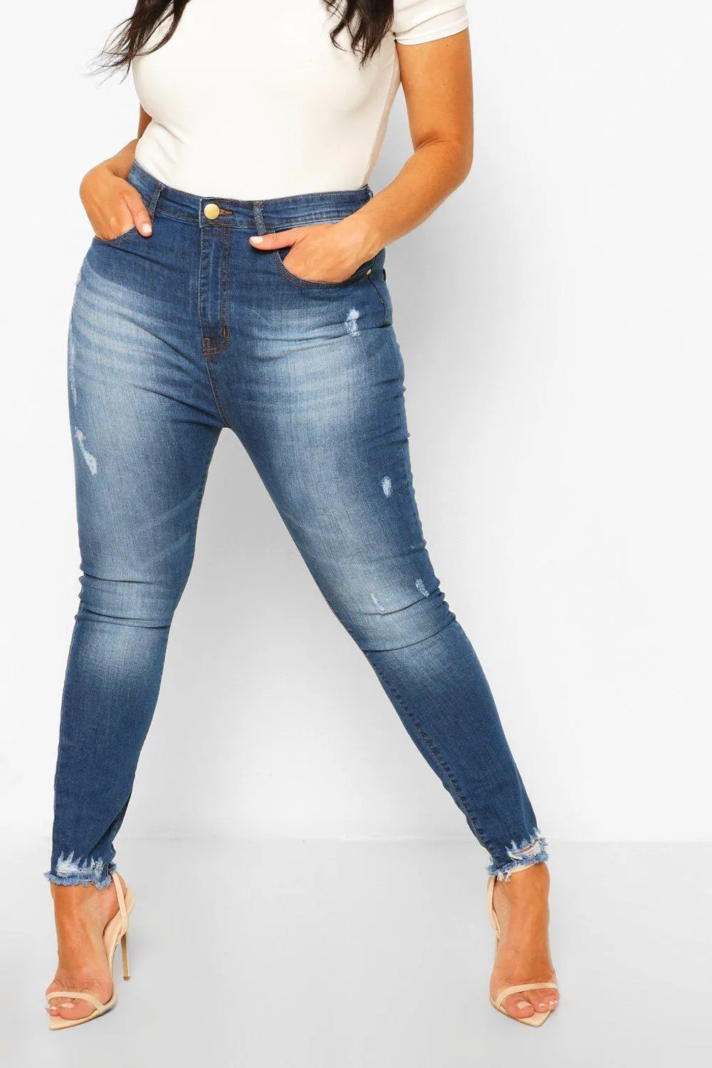 Plus Super Distressed Raw Hem Skinny Jeans