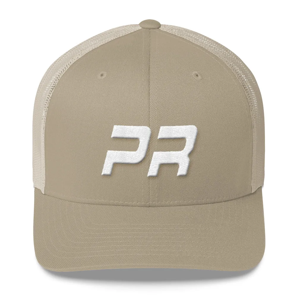 Puerto Rico - Mesh Back Trucker Cap - White Embroidery - PR - Many Hat Color Options Available