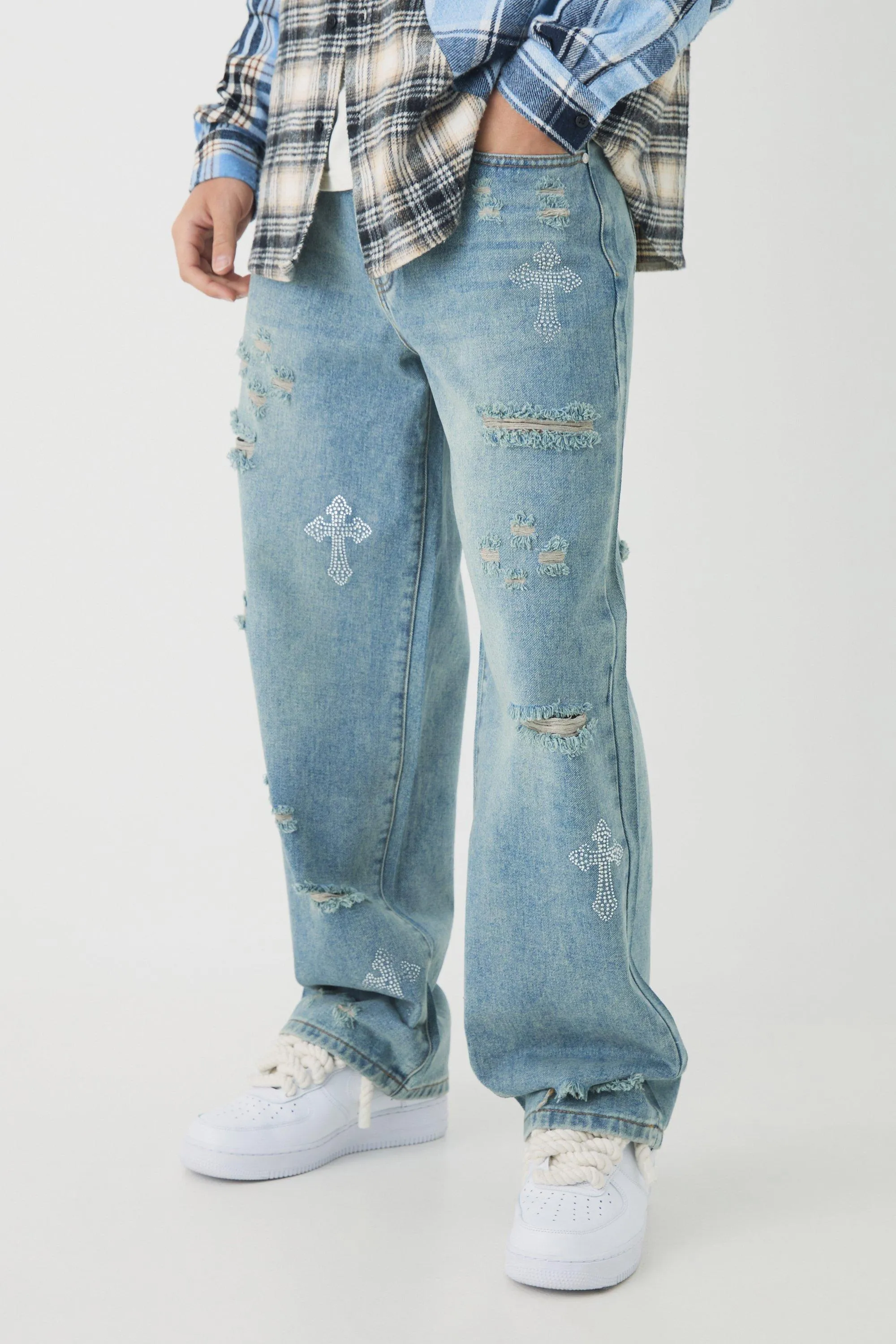 Relaxed Fit Rhinestone Cross Ripped Jeans