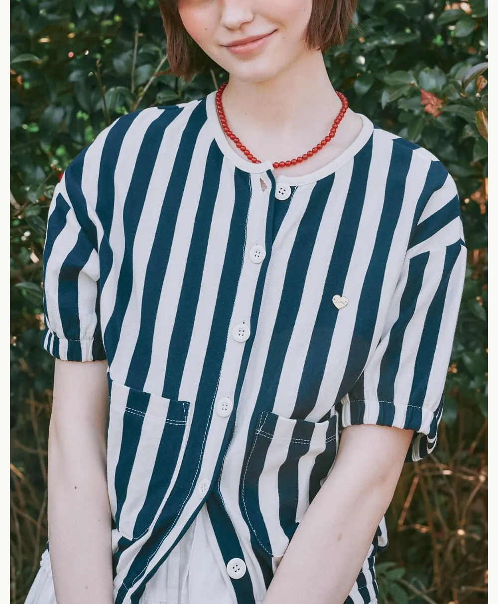 RONRON  |Stripes Heart Street Style Short Sleeves Logo Cardigans