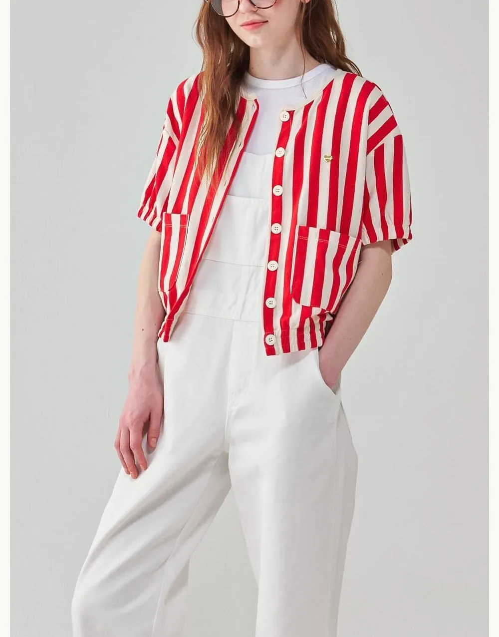 RONRON  |Stripes Heart Street Style Short Sleeves Logo Cardigans