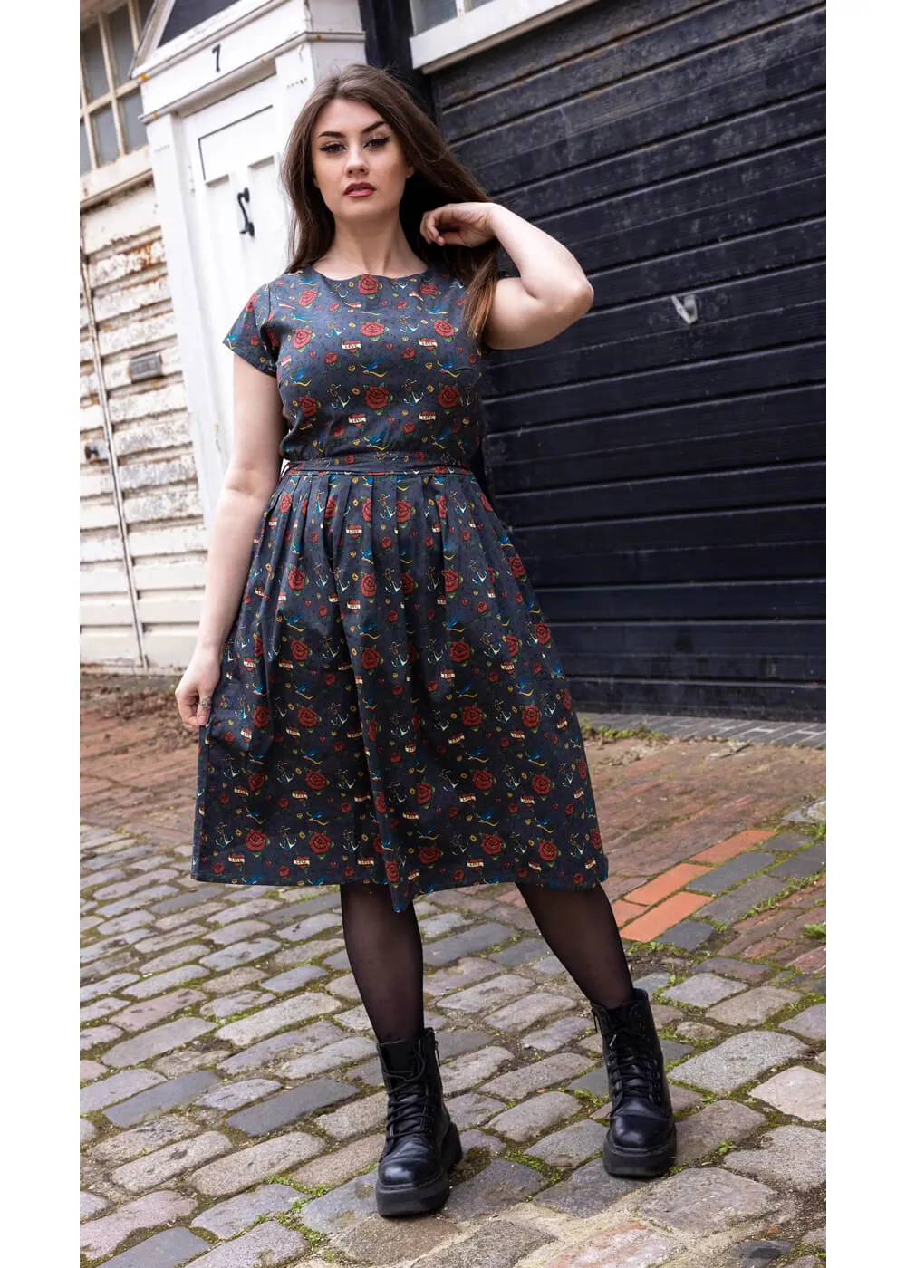 Run & Fly Retro Tattoo A-Line Dress Black