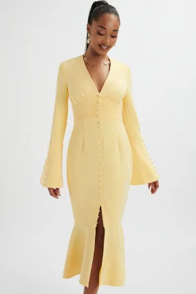 SALMA Fluted Sleeve Longline Fishtail Midi Dress In Yellow