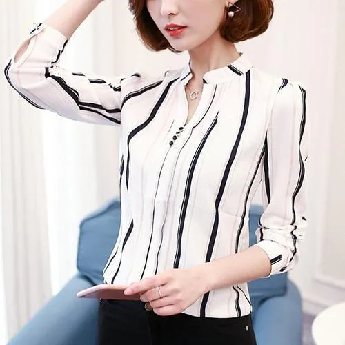 Striped Chiffon Blouse Women Tops V-Neck Blouse