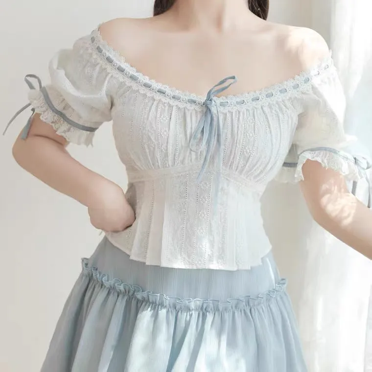 Summer greenty off shoulder blue ribbon blouse tops