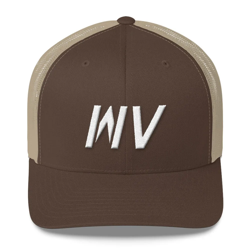 West Virginia - Mesh Back Trucker Cap - White Embroidery - WV - Many Hat Color Options Available