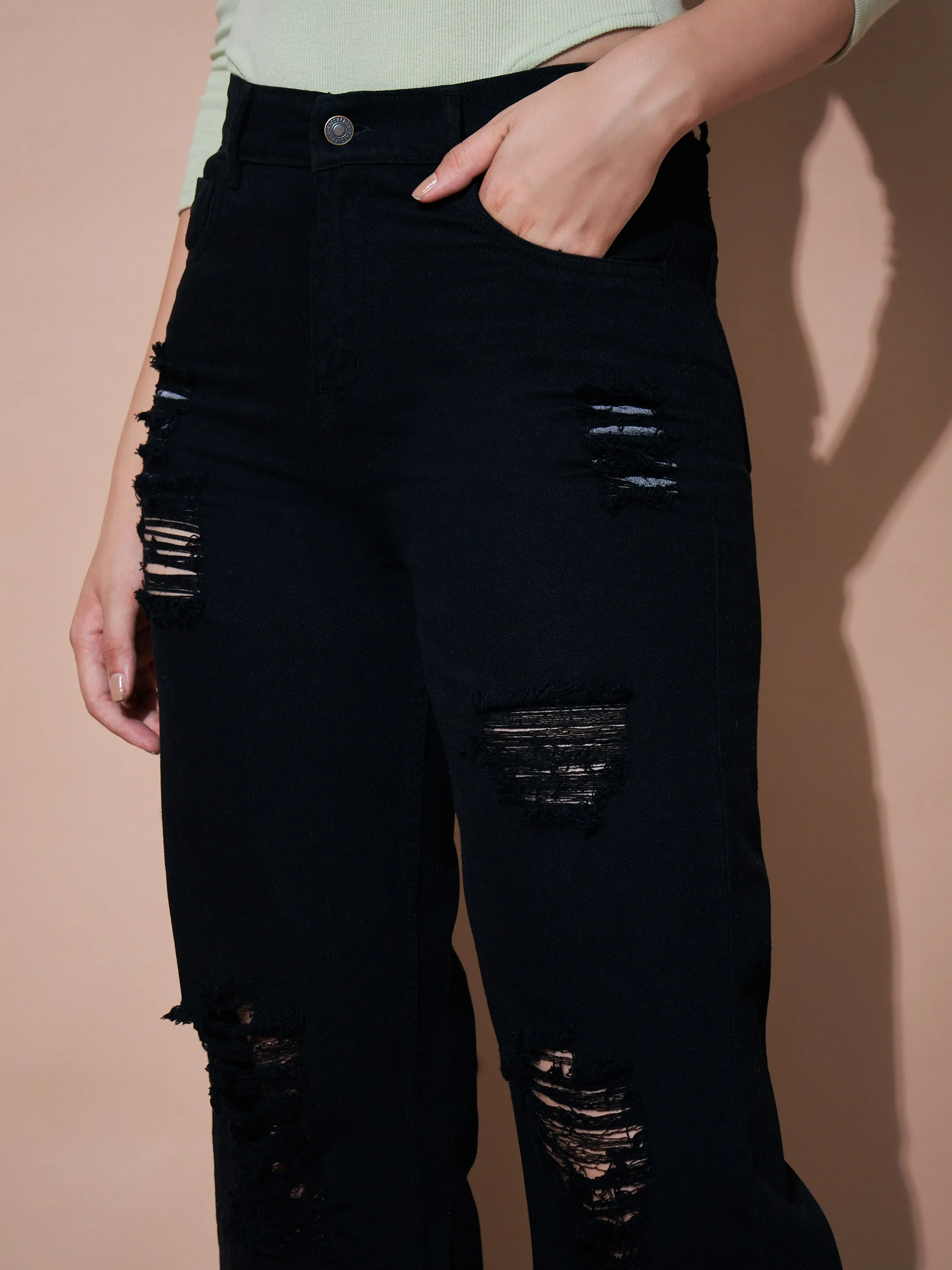 Women Black Heavy Distress Straight Jeans